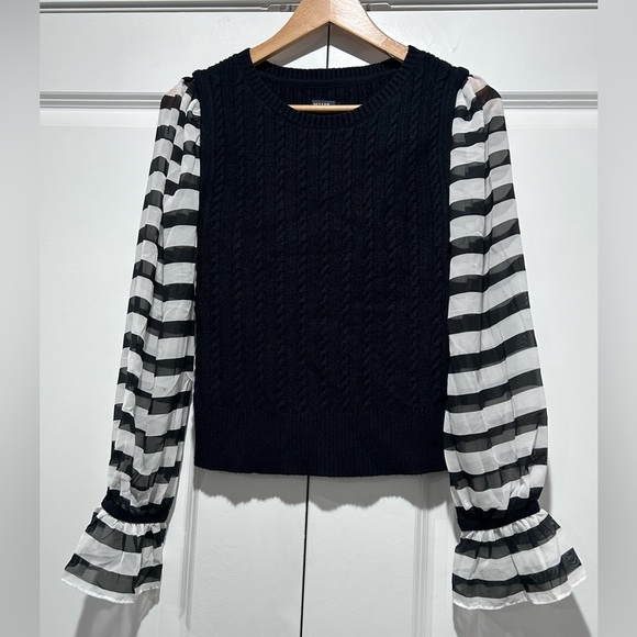 Maeve by Anthropologie Black and White Striped Sleeve sweater Top XSP - Picture 2 of 10
